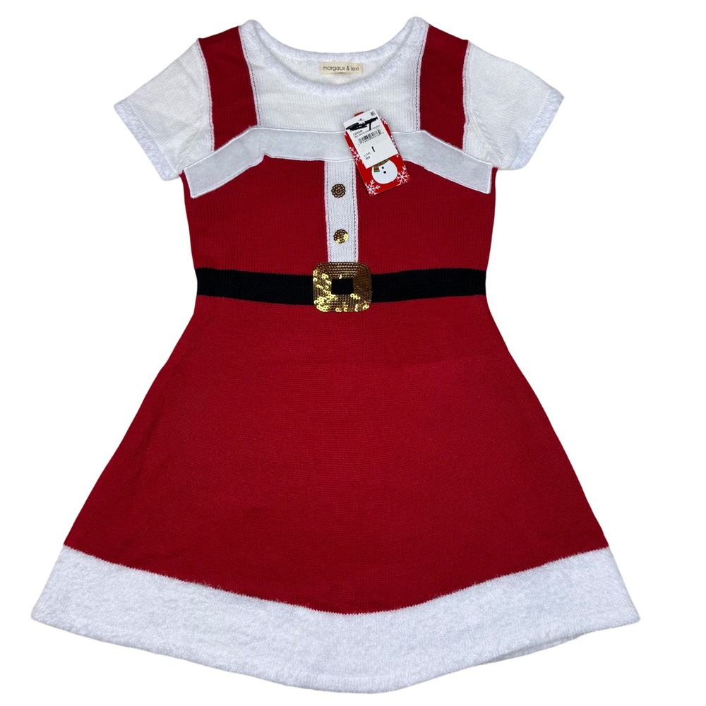 NEW Margaux Lexi Girl Red White Santa Dress Knit‎ Sequins Belt Sz L 14 Holiday